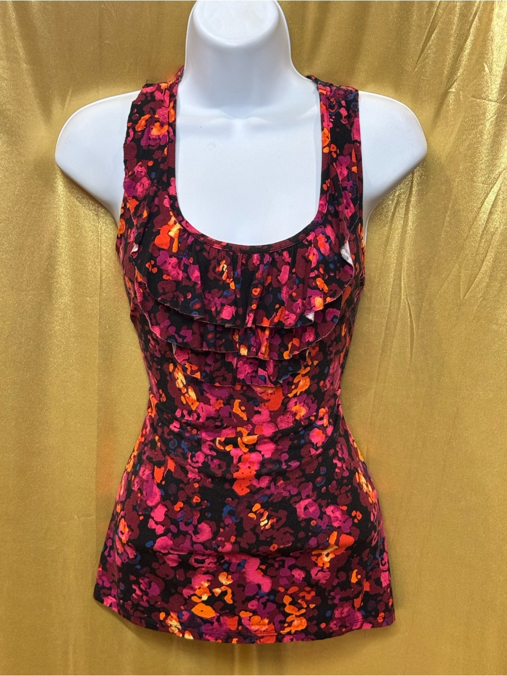 Merona Floral Ruffle Front Tank Top Size Small Sleeveless Stretchy Rayon Blend
